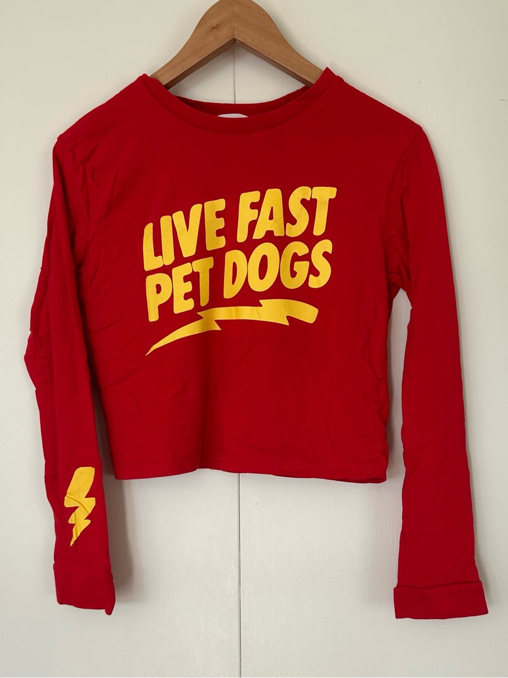 2/$20 Live Fast Pet Dogs Red Long-Sleeve Crop Top